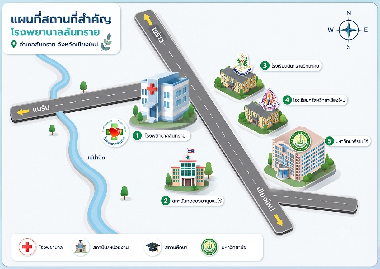 แผนที่การเดินทางมาโรงพยาบาลสันทราย